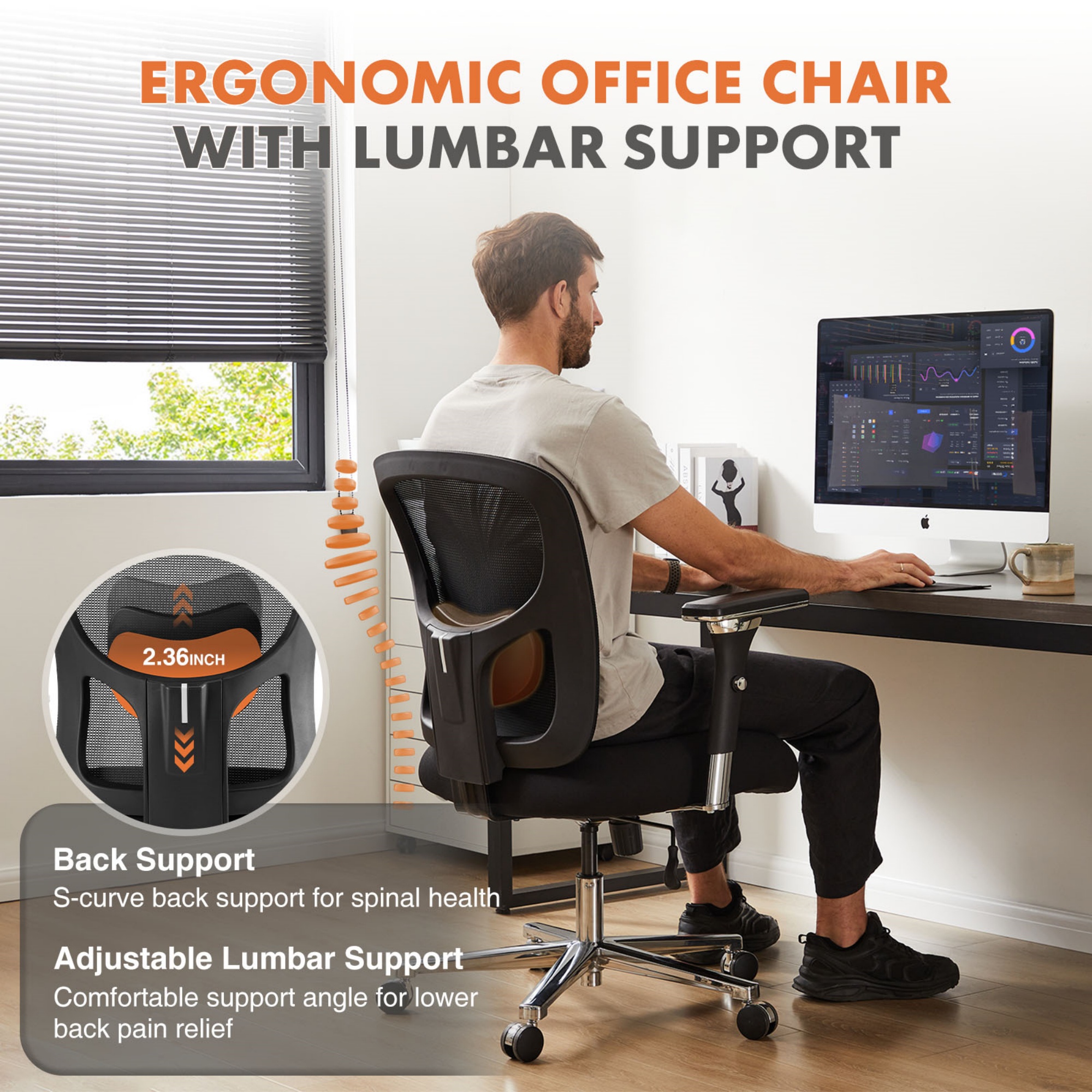 EDX Ergonomic Office Desk Chair 500lbs, Heavy Duty Computer Chair with Adjustable Armrest, Computer Executive Desk Chair , Lumbar Support, Black