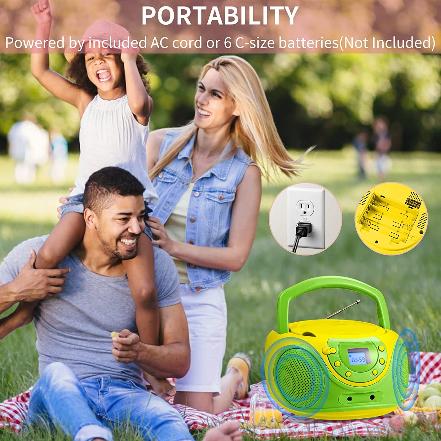 hPlay P16 Portable CD Player Boombox AM FM Digital Tuning Radio, Aux Line-in, Headphone Jack, (Lime)