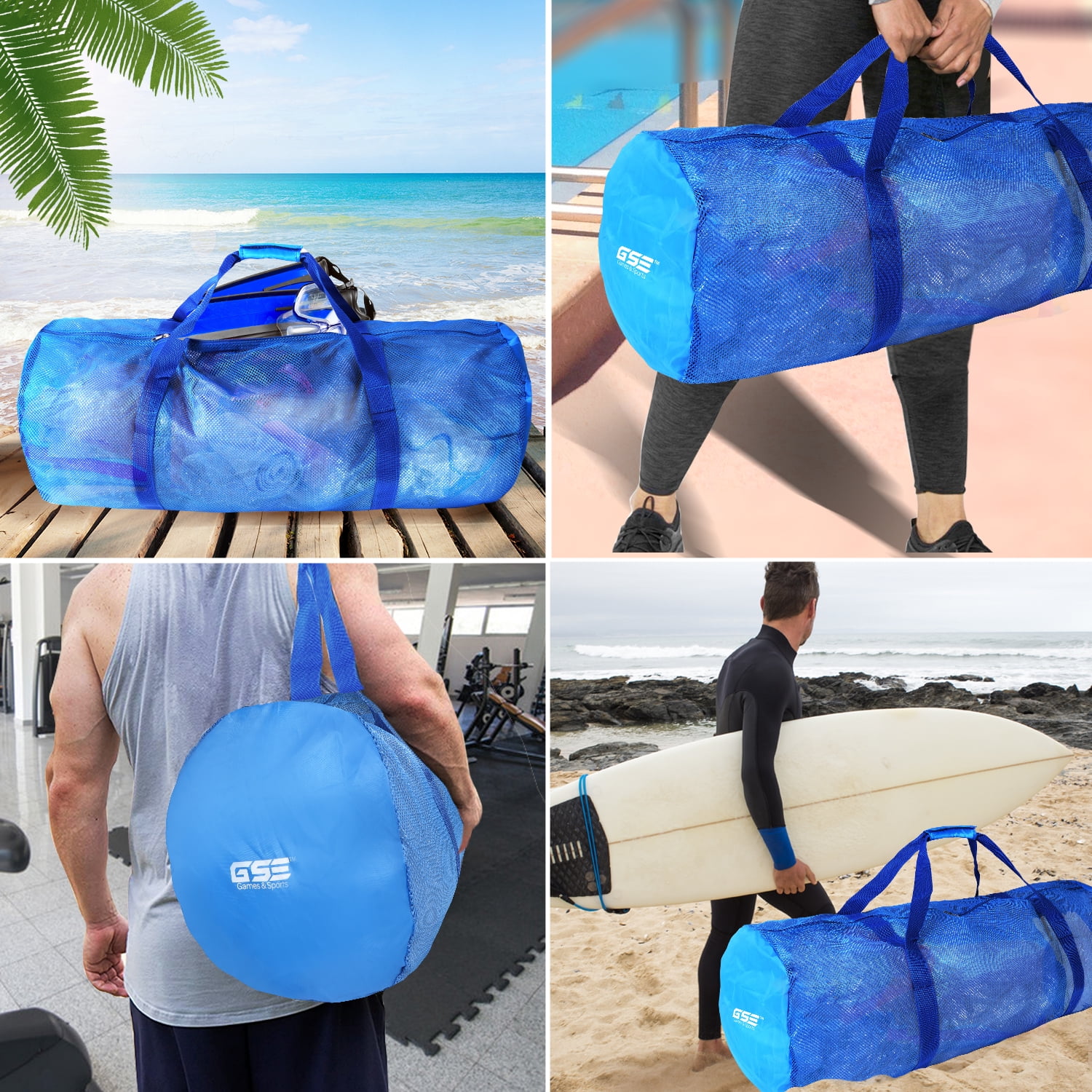GSE Games & Sports Expert 6 Pack Large Mesh Duffel Bag with Zipper. Sport Equipment Scuba Bag for Sport Balls, Team Practice, Swimming Gear, Diving, Rafting, Water Sports - Blue
