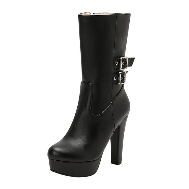 Xfvqtps Bottes à Talons Hauts à Plateforme pour Femmes, Talon Bloc de 4,7 Po, Bottillons à la Cheville, Double Bride à Boucle, Chaussures d'Hiver Mode pour Femmes, Style Noir