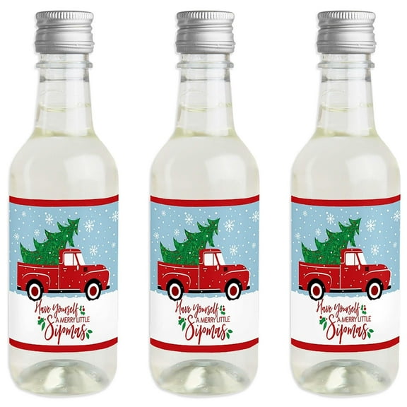 Big Dot of Happiness Merry Little Christmas Tree - Mini Wine and Champagne Bottle Label Stickers - Red Truck Christmas Party Favor Gift - Set of 16