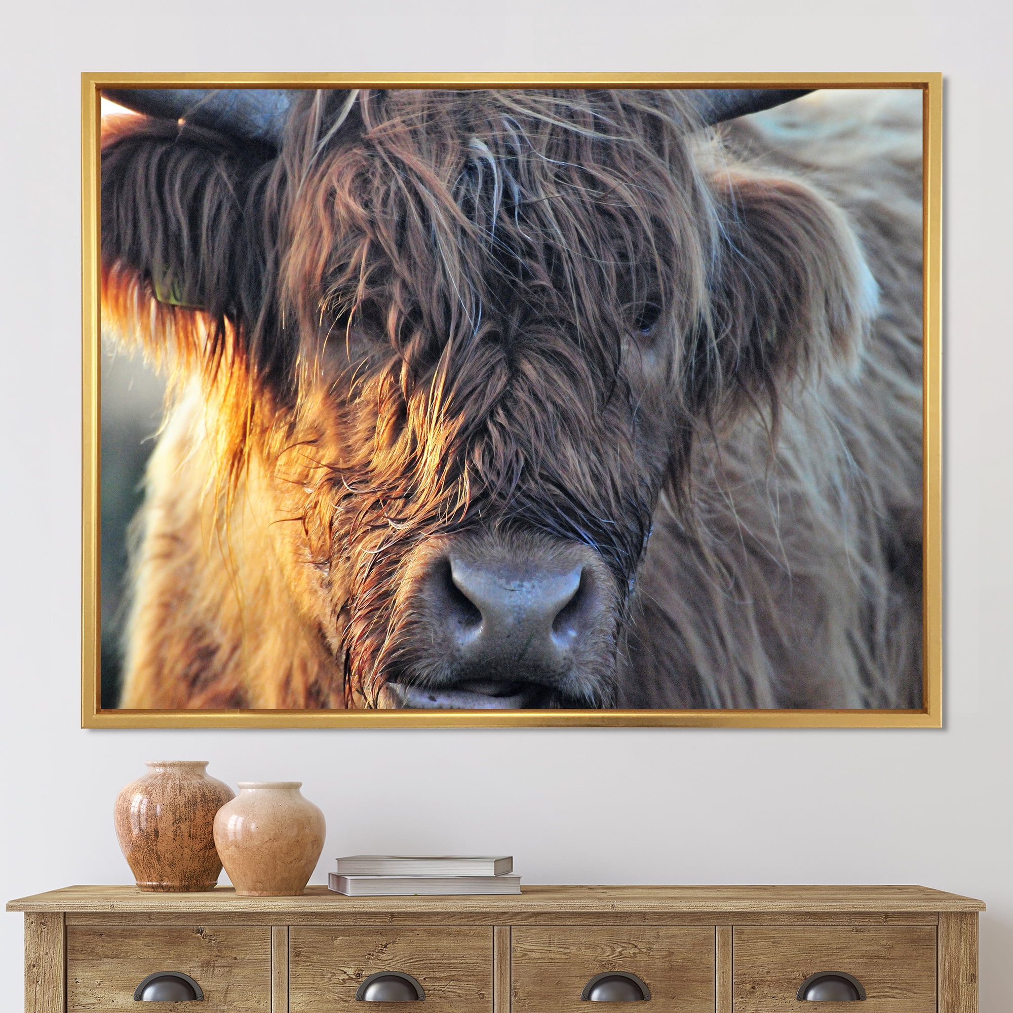 Designart 'Close Up Of Scottish Cow On Moorland III' Farmhouse Framed Canvas Wall Art Print
