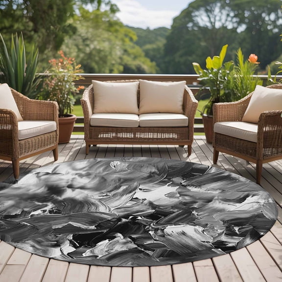 Black Gray 6ft Round Rug for Living Room Under Coffee Table, Abstract Modern Polypropylene Pigment Taxture Vintage Low Pile Washable Non Slip Circle Area Rug