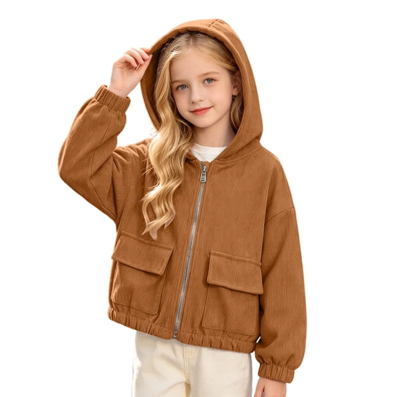 RYRJJ Corduroy Hoodies Jacket for Girls Child Kids Zip Up Cropped Hooded Sweatshirt Vintage Fall Casual Long Sleeve Outwear with Pockets