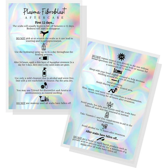 Plasma Fibroblast Aftercare Instruction Cards  30 Pack  4x6 inch large Postcard Size  PMU Non-Reflective Matte Holographic Look Design