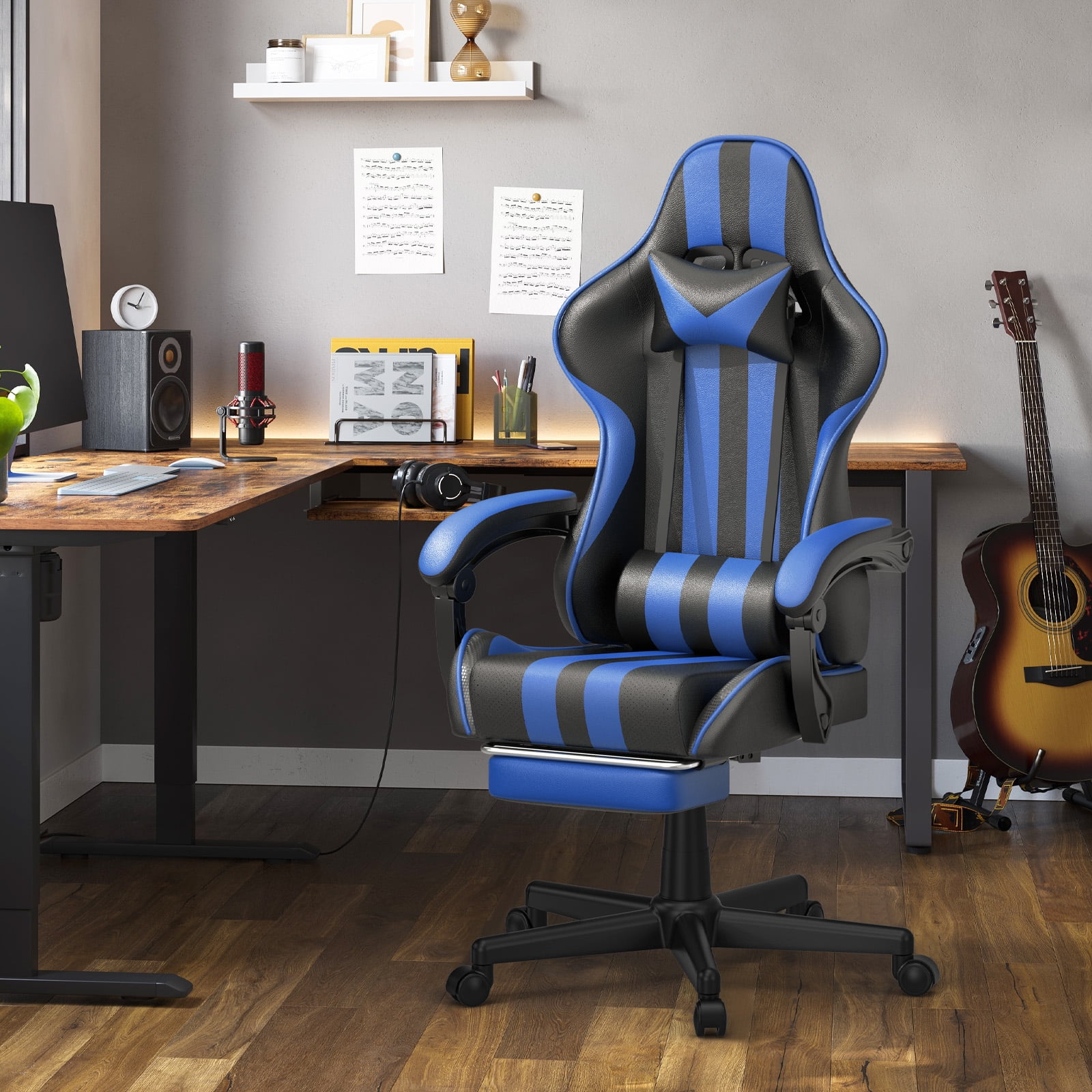 Ferghana Gaming Chair Office Chair Ergonomic Game Chair Hight Back with Massage Lumbar Pillow and Footrest Computer Chairs for Adults Kids Blue Walmart Business Supplies