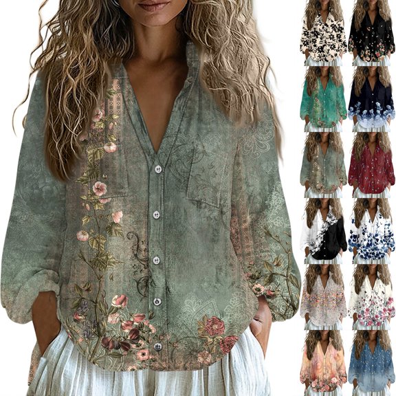 Floral Linen Shirt for Women Spring Summer Boho Front Button Down Tops Vintage Casual Long Sleeve Oversized Tees Top