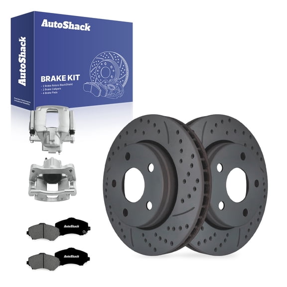 AutoShack Front Vented Drilled & Slotted Coated Brake Rotors Black Matte Finish   Premium Ceramic Pads   Calipers 8-PC Brake Kit Replacement for 2013-2017 Jeep Wrangler BlackShield 11.89" (302.1 mm)