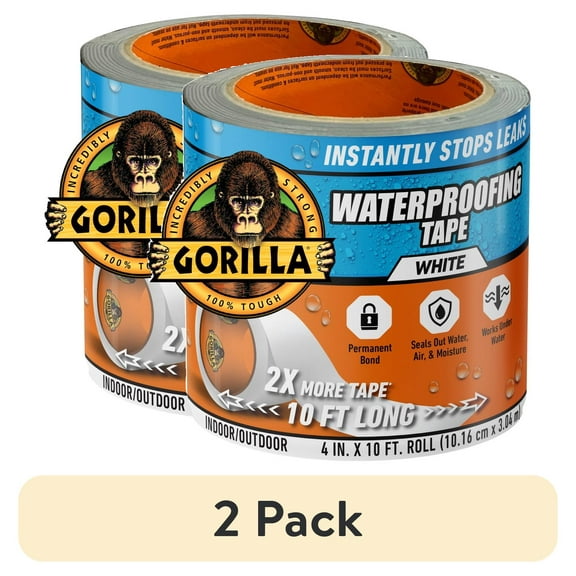 (2 pack) Gorilla Glue White Waterproof Patch and Seal Repair and Sealant Tape, 10 Foot Roll