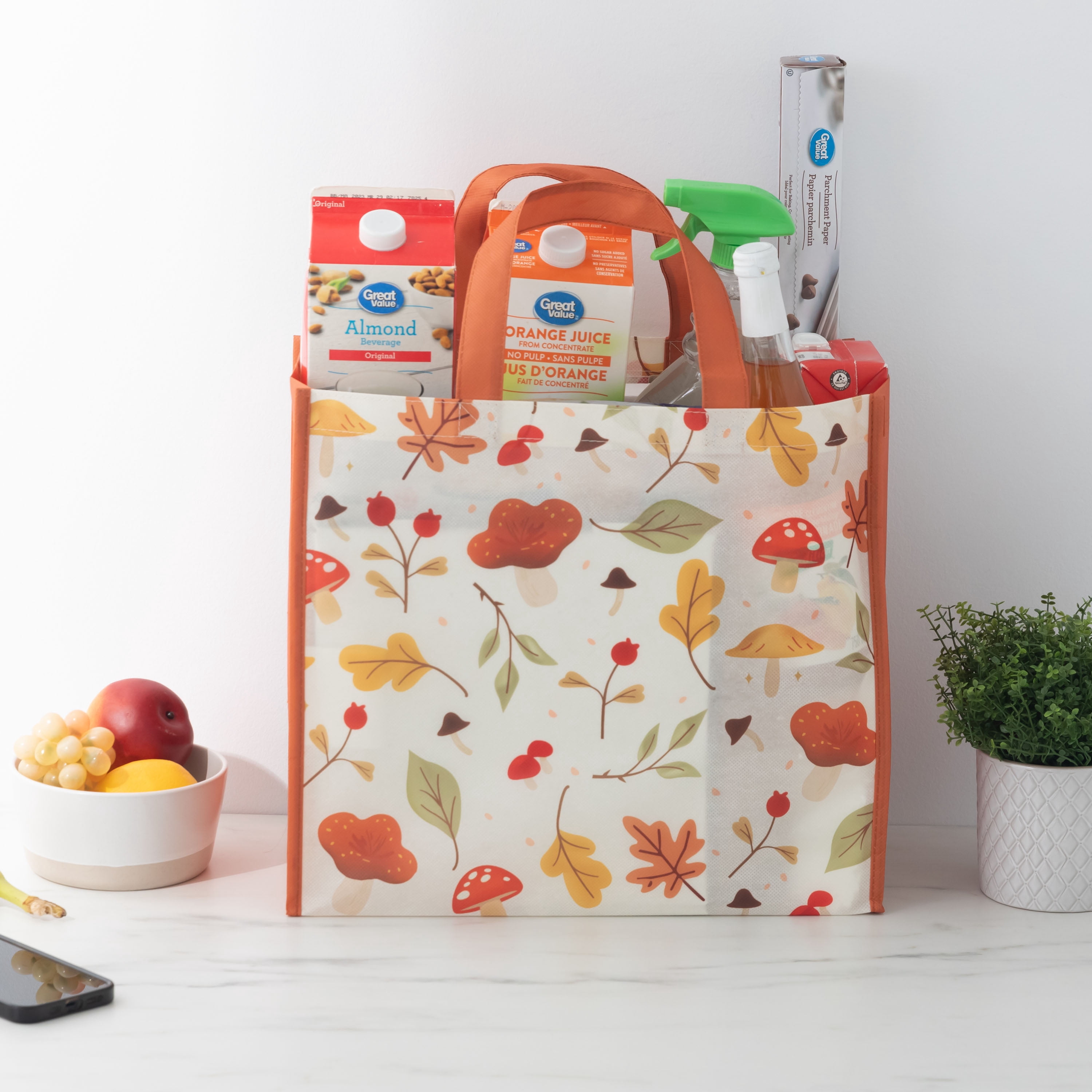 Sac d'Épicerie Réutilisable, Sac Fourre-tout Saisonnier d'Automne avec Porte-Bouteilles, Orange