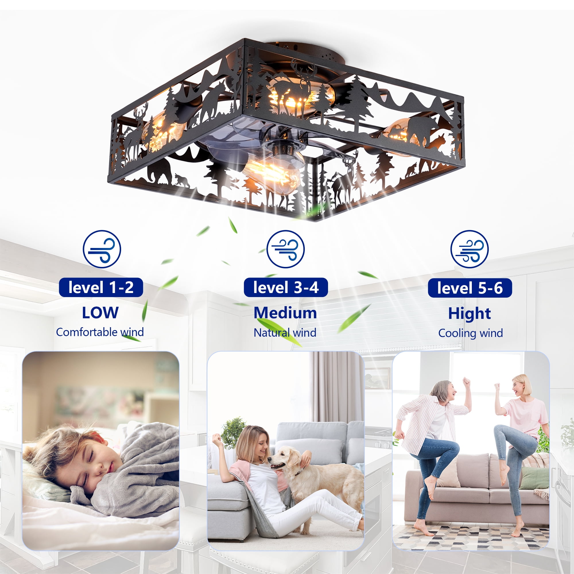 Leumius 20" Black Square Ceiling Fans with Lights and Remote, Flush Mount Square Ceiling Fan 6 Speed Reversible with Remote Control for Living Room Bedroom Dining Room (NOT Included Bulbs)