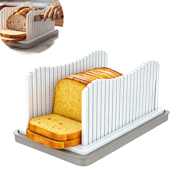 Adjustable Bread Slicer with Crumb Catcher - Foldable Cutter Guide for Even Slices of Homemade Bread, Bagels & Cakes
