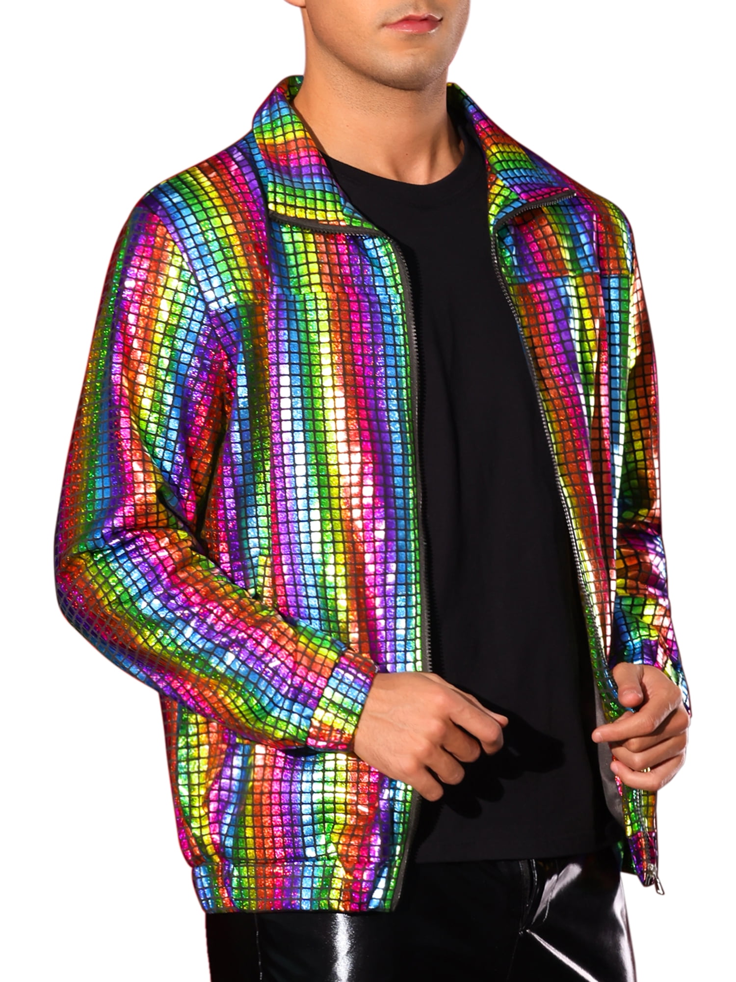INSPIRE CHIC Holographic Jacket for Men's Metallic Long Sleeve Stand Collar Party Disco Shiny Jackets XL Multicolor