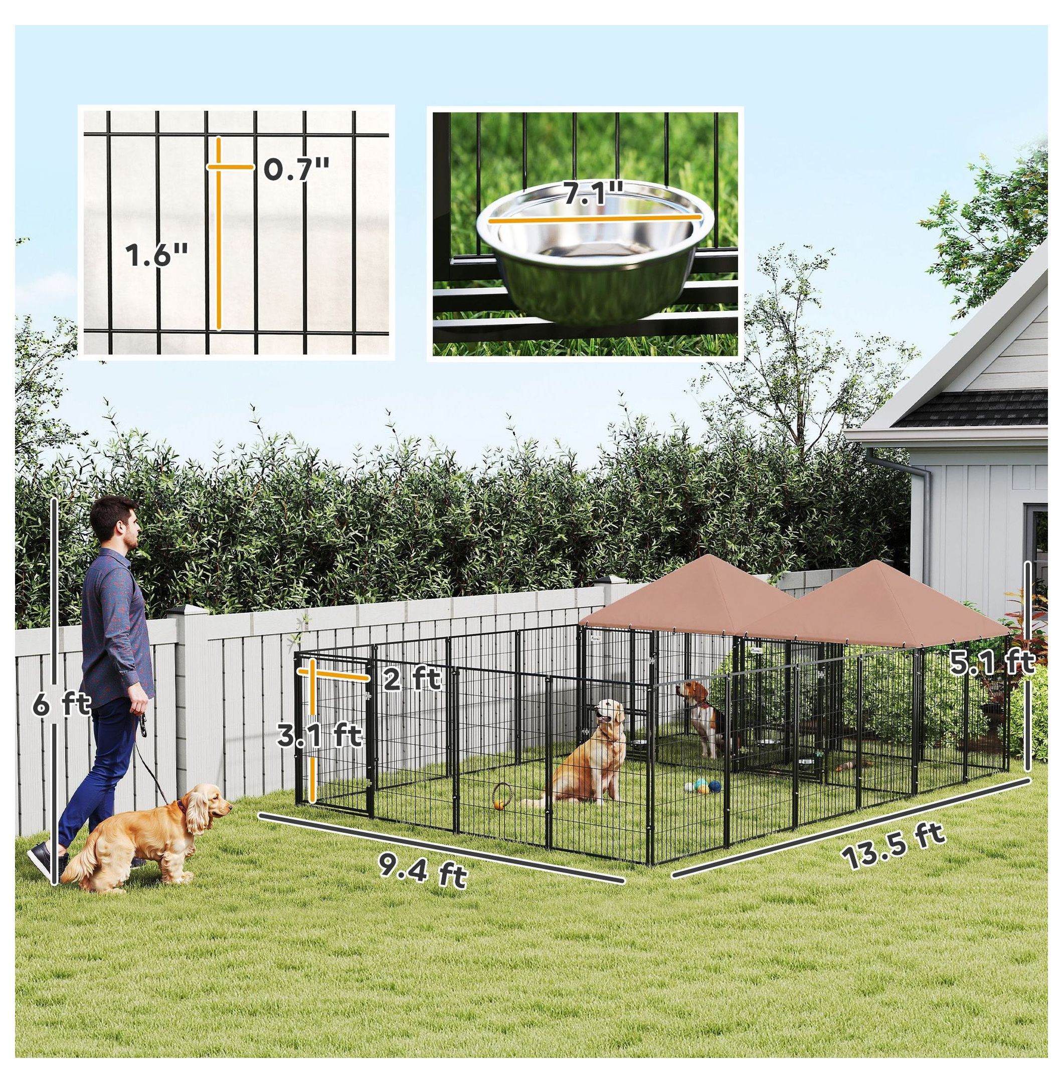 Outdoor Dog Kennel with 2 Rooms, Rotating Bowls 13.5'x9.4'x5.1' - Large Dog Run, Pet Playpen with UV Protection & Secure Latch