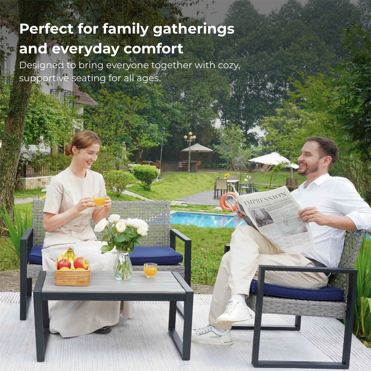 YIORTWO 4-Piece Patio Furniture Set, Outdoor Wicker Conversation Set with Acacia Wood Coffee Table and Beige Cushions, Light Gray