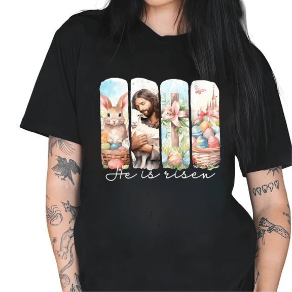 Black He Is Risen Jesus Bunny Eggs Cross Graphic Tees Print Tshirt Shirts Christian Easter Religious Spring Casual Tops For Women S-5XL