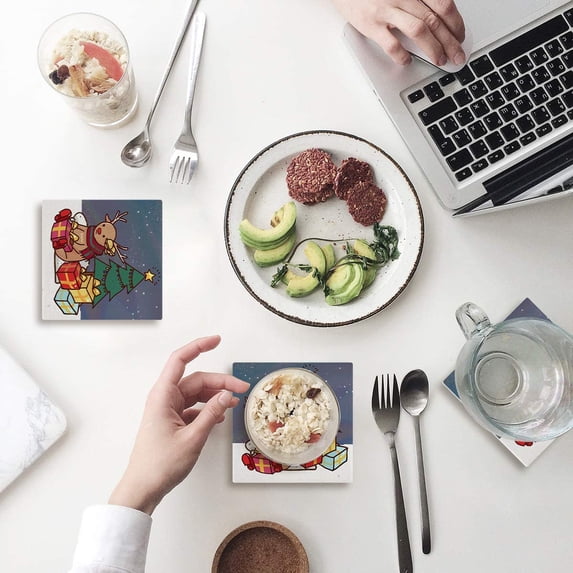 FMSHPON Merry Christmas Xmas Tree Winter Deer Gift Set of 6 Coaster for Drinks, Absorbent Ceramic Stone Coasters Cup Mat with Cork Base for Home Kitchen Room Coffee Table Bar Decor