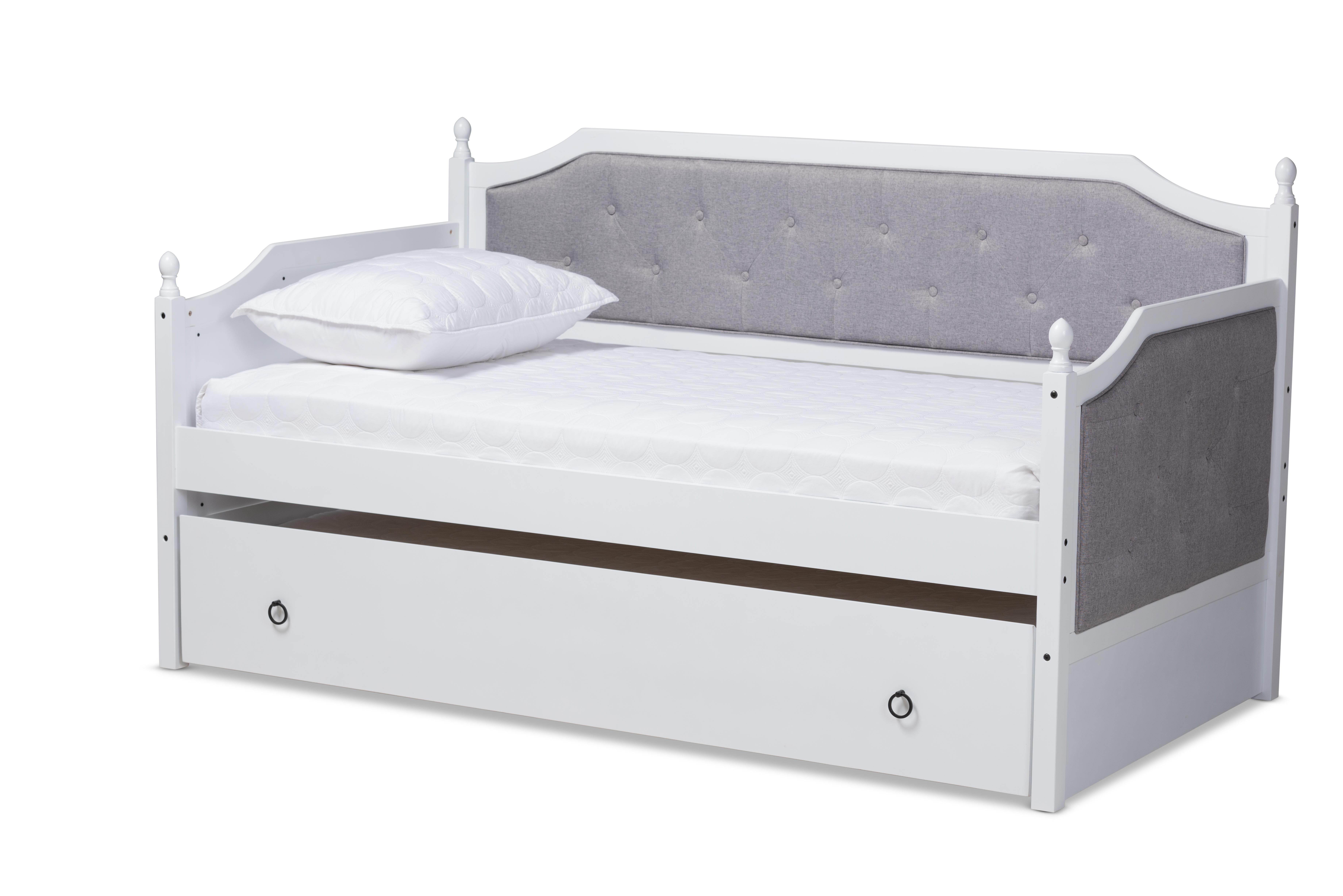 Baxton Studio Mara Classic and Traditional Grey Fabric Upholstered White Finished Wood Twin Size Daybed with Trundle