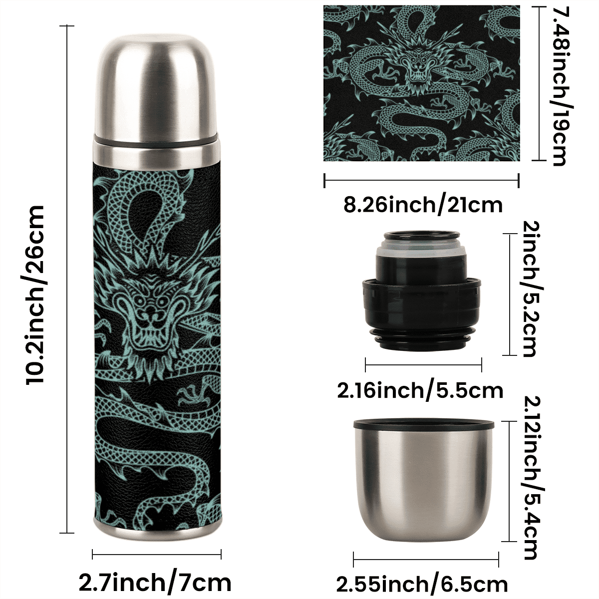 Insulated Stainless Steel Water Bottle with Cup Lid , 25oz Vacuum Flask with Double Wall, Leakproof Lid, for Outdoors Gym Office - Dragon Pattern