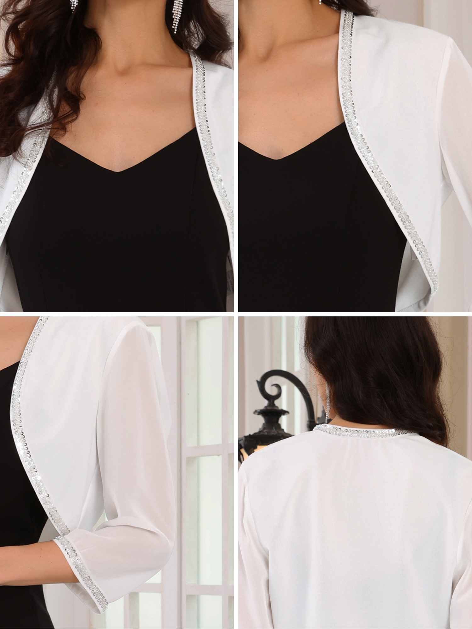 DARING DIVA Women's Sequin Beaded Open Front Evening Shrug S White