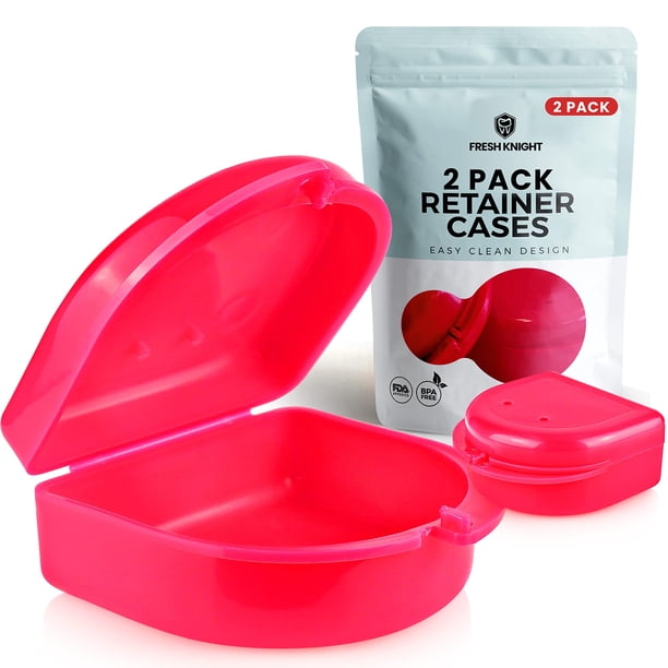 Estuche de retención FRESH KNIGHT (paquete de 2). Caja de retención con orificios de ventilación. Perfecto para alineadores de protectores bucales para dentaduras postizas. (Rosa brillante)
