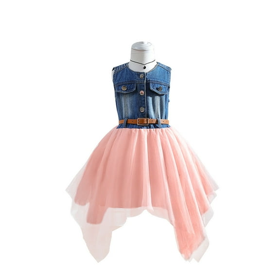 PINQI Summer Little Girls Sundress Toddler Girls Sleeveless Denim Dress Princess Dress Dance Party Tulle Dresses Above the Knee Sundress