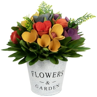 Northlight Wooden Artificial Spring Floral Arrangement with "Flowers and Garden" Pot - 8"