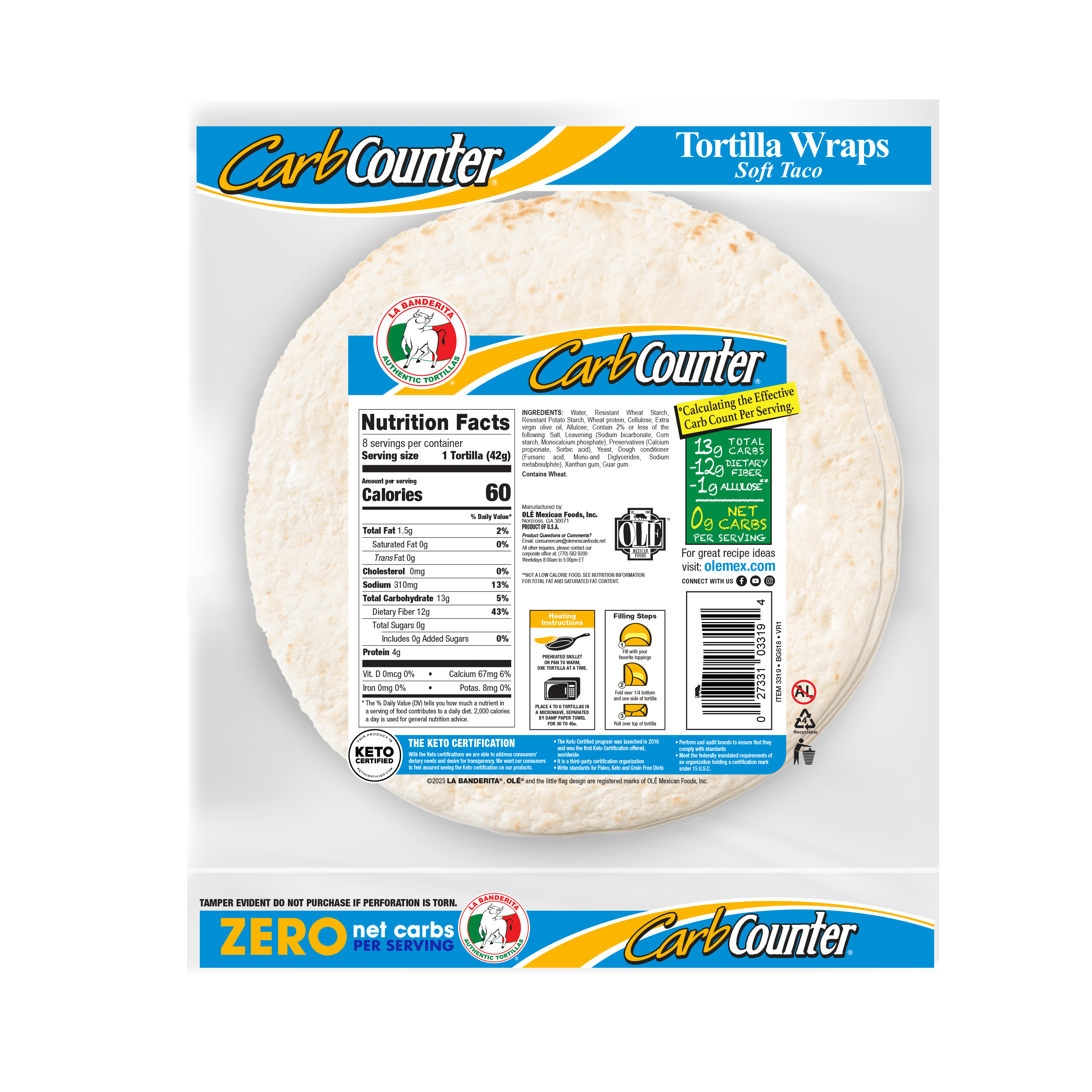 La Banderita Carb Counter Zero Net Carbs Soft Taco Flour Tortillas, 11.8 oz, 8 Count