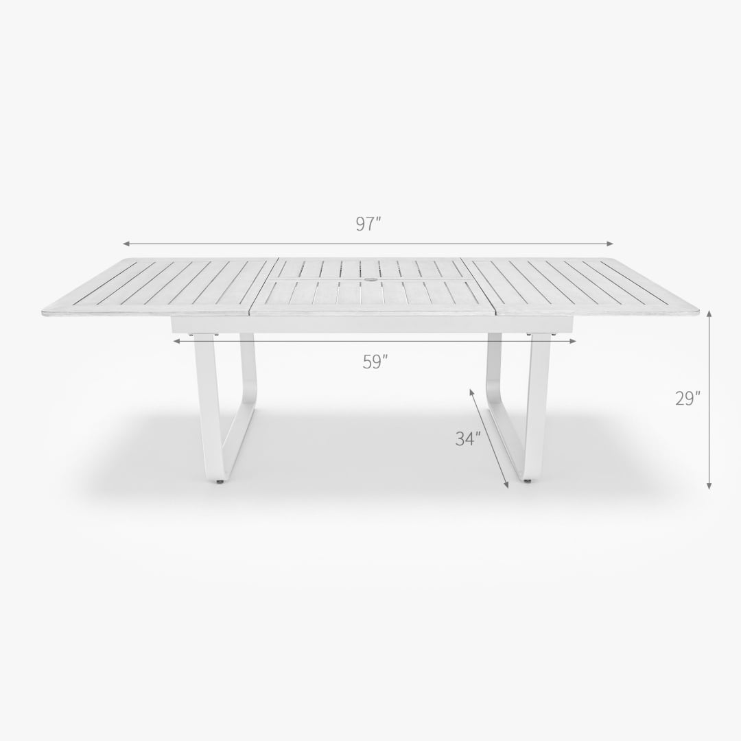97 in Expandable Patio Outdoor Dining Table with U-Shape Legs for 6-8 Person, Distressed White