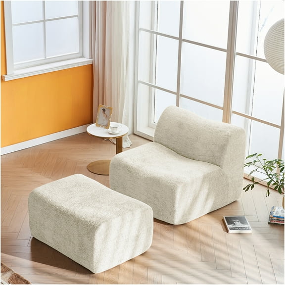 JERFIT Velvet Accent Chair with Ottoman, Beige Plush Lounge Chair for Small Spaces, Modern Single Seater Sofa with Pillow
