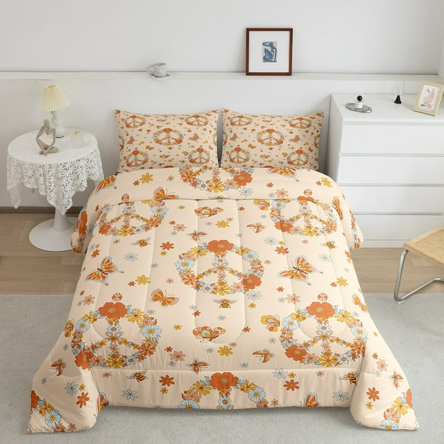 YST Thème Groovy des Années 70 Couette Double Rétro Signe de Paix Ensembles et Collections de Literie Bohème Papillon Literie Hippie Abeille à Miel Couette en Duvet Vintage Fleur Floral Ensemble de Housse de Couette pour Enfants
