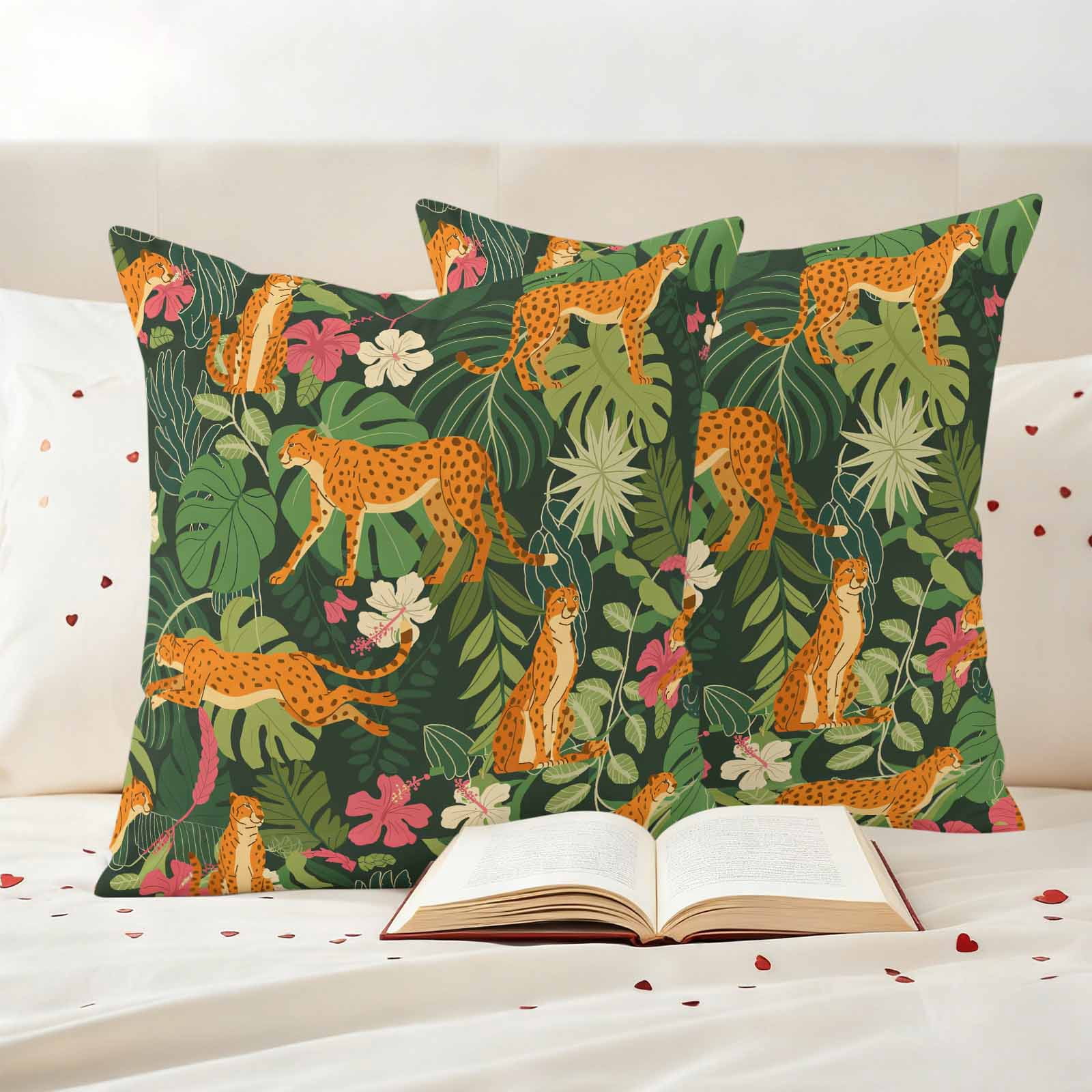 Tropical Plants Outdoor Waterproof Pillow Covers, Summer Botanical Animals Flowers Leaves Decorative Square Throw Pillowcase Sofa Cushion Sham for Patio/Couch/Chair, 18"x18" 2 Pack