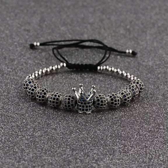 EOEMY Luxury Micro Pave Cz Ball & Crown Braided Copper Bead Men'S Bracelets Jewelry-1268-A2