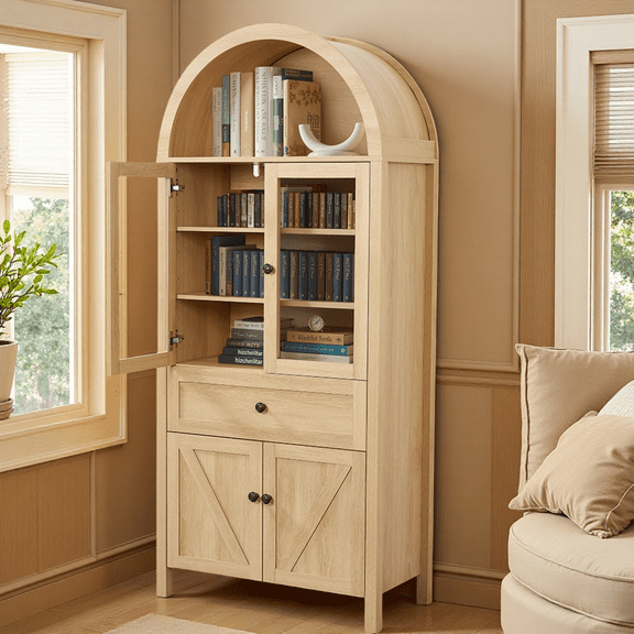 MINESTIA 71" Tall arched bookcase, Arched Kitchen Pantry Cabinet with Open & Shelves, Glass Door, Cupboard for Kitchens, Dining Room