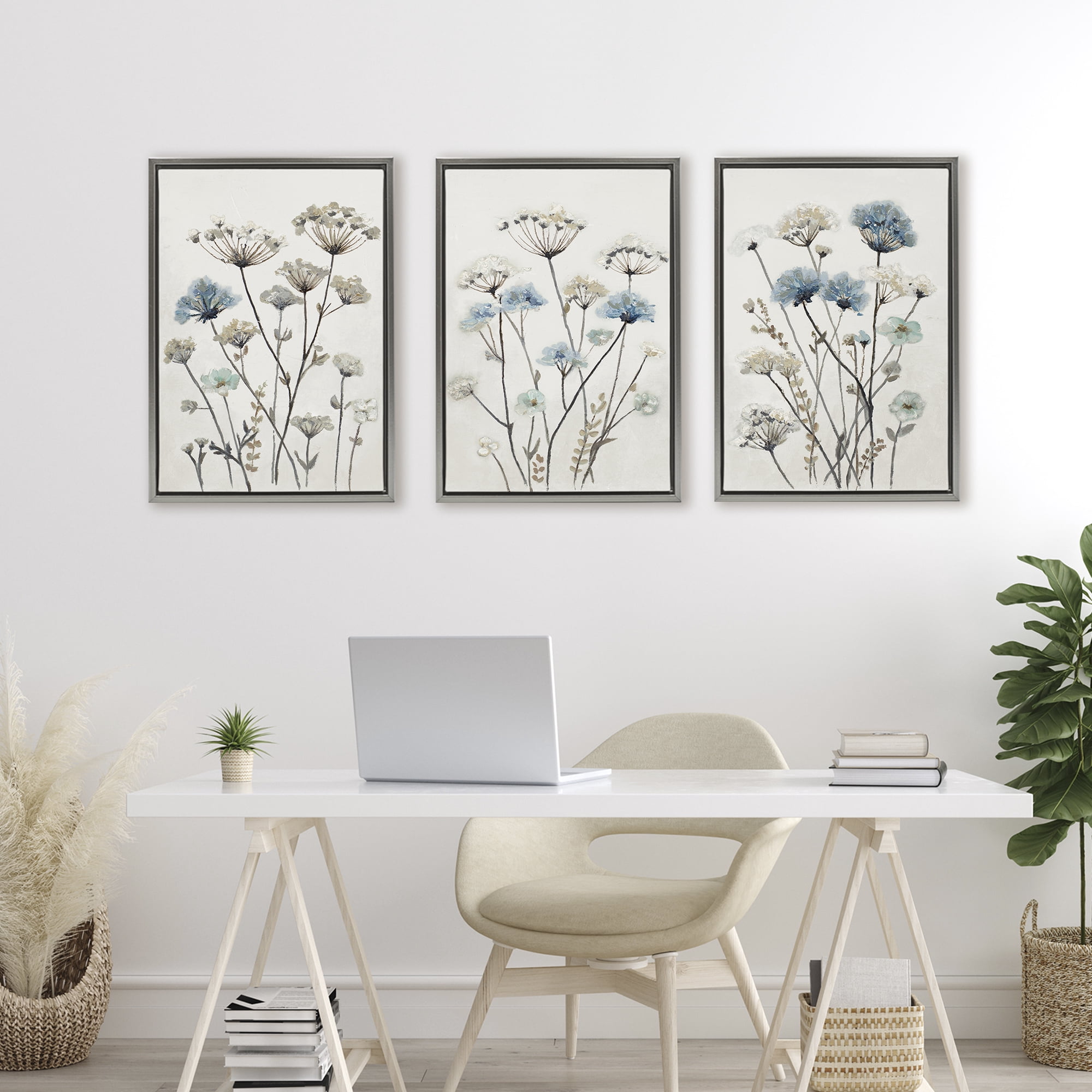 Stupell Industries Neutral & Blue Garden 3 Piece Gray Framed Floater Canvas Set, design by Patricia Pinto