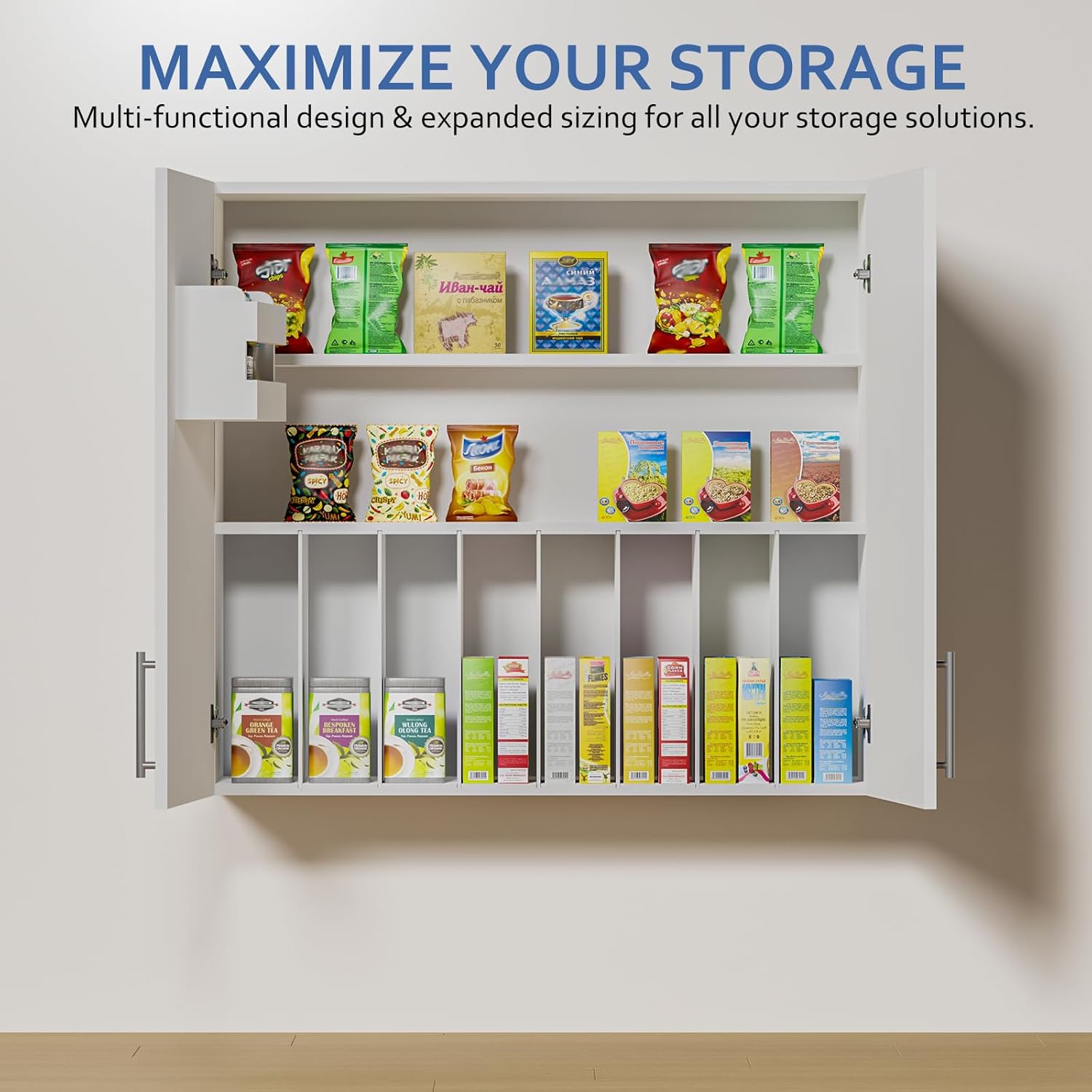 Landmok Kitchen Wall Cabinets, 12" D x 35" W x 32" H Wall Mounted Wooden Storage Cabinet with 1 Door Shelf & 7 Slide-Out Vertical Shelves, Soft Close Medicine Cabinet for Bathroom Laundry Room, White