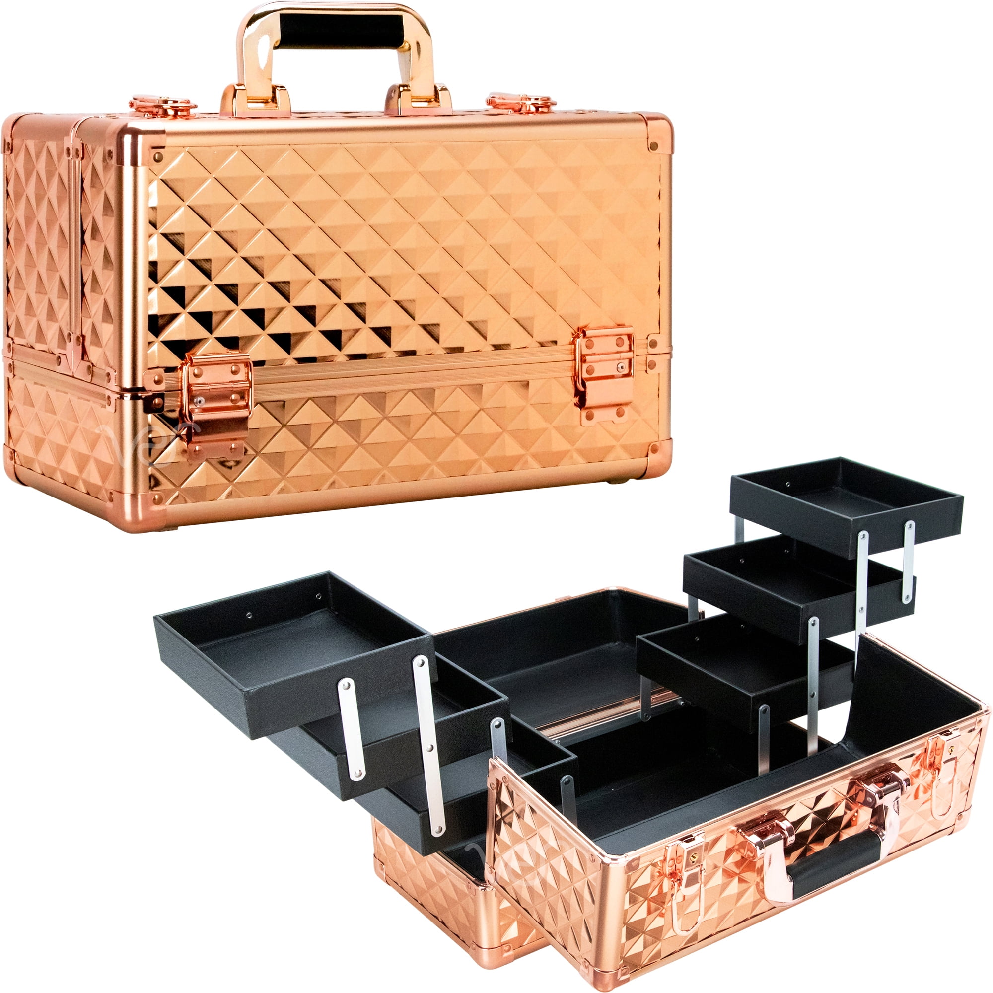 VER Beauty Makeup Train Case 6 Extendable Trays with Lock and Keys Cosmetics Organizers in Rose