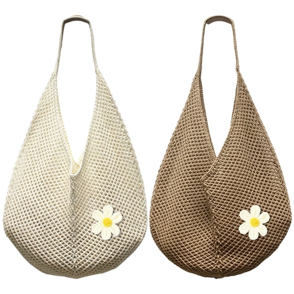 2 Pack Women's Crochet Shoulder Bag with Flower Applique, Boho Knit Tote Bag, Soft Summer Beach Purse for Vacation, Daily Use and Shopping