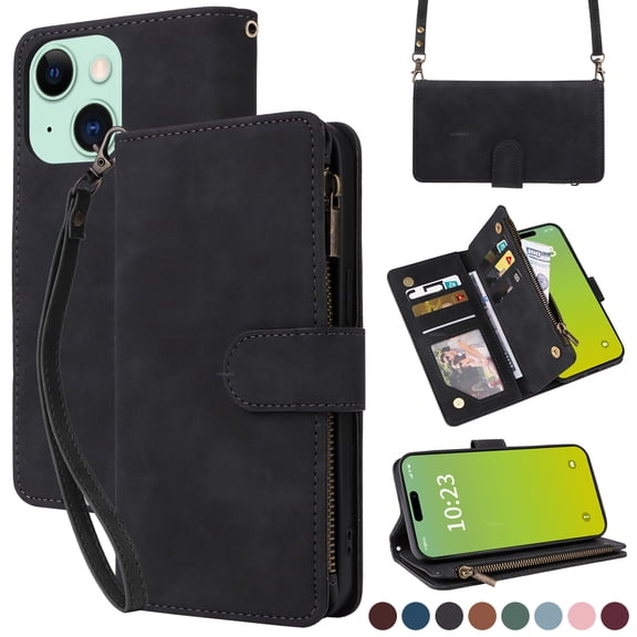 for iPhone 15 Wallet Case with Card Holder & Zipper Pocket, PU Leather Flip Cover with Kickstand Magnetic Closure Shockproof Full Protection, Wrist Strap & Crossbody Shoulder Strap, Black