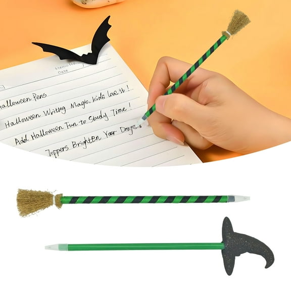CCOCC 2Pcs Halloween Pens,Broom Witch Hat Fun Pens,0.7mm Black Ink Funny Pens for Halloween Party Stuffers Trick or Treat Gifts,Style1