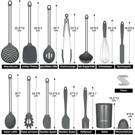 

Tookss Kitchen Cooking Utensils Set 27 Pcs Non-Stick Silicone Utensils with Holder Stainless Steel Handle Silicone Cookware Heat Resistant Kitchen Spatula Spoon Turner Tongs Set Black