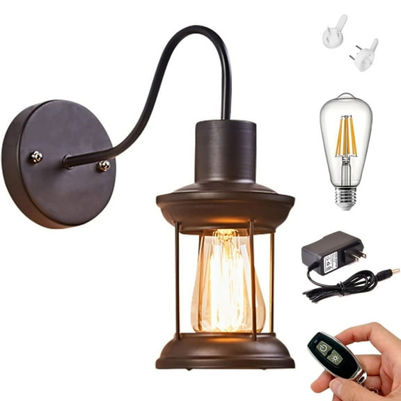 Kiven 1-Light Battery Operated Iron Wall Lamp, Vintage Black Rechargeable Wall Sconces, E26 Socket Bulb Included(Warm White)Wire Cage Wall Light Fixture