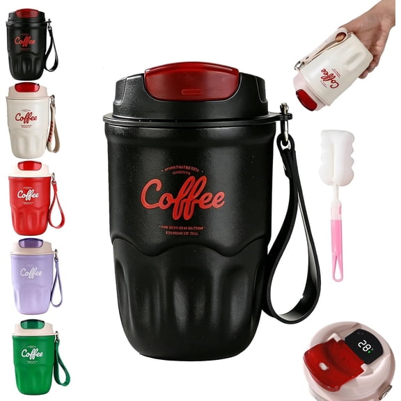 Coffee Vacuum Flask – Portable Stainless Steel Insulated Travel Mug, 12oz Temperature Display Mug, Stainless Steel Insulated Water Bottle With Lid And Handle Strap, Water Bottle Leak (Black)