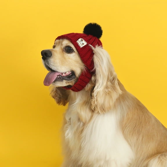 Kingtowag Red Knitted Beanie for Pets Size S, Pom Ear Winter Windproof Pet Cap Warm Knit, Knitted Dog Hat with Pom Ear Winter Windproof Pet Cap, Puppy Clothing