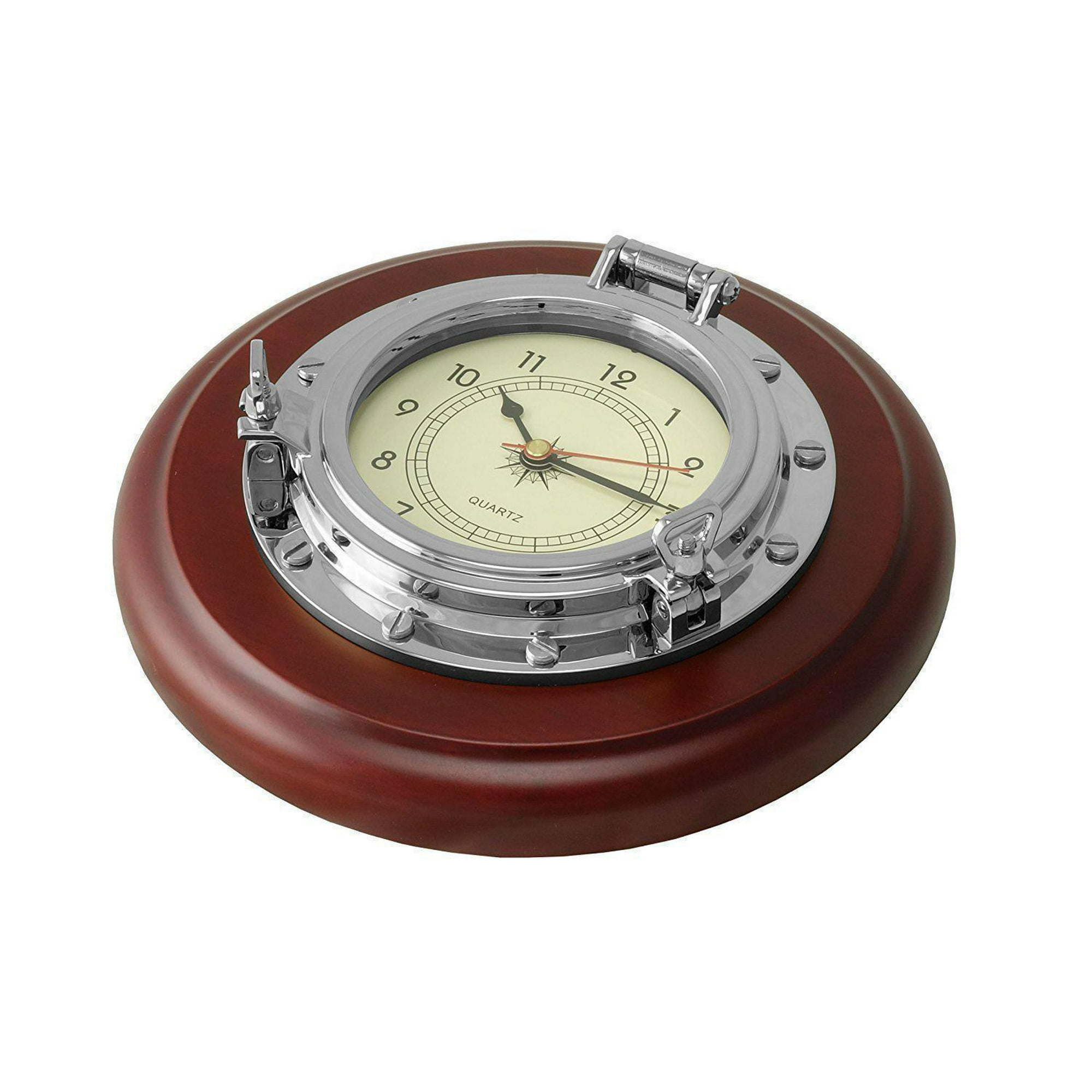 Chrome Nautical Porthole Desk Clock W Solid Wooden Base Quartz