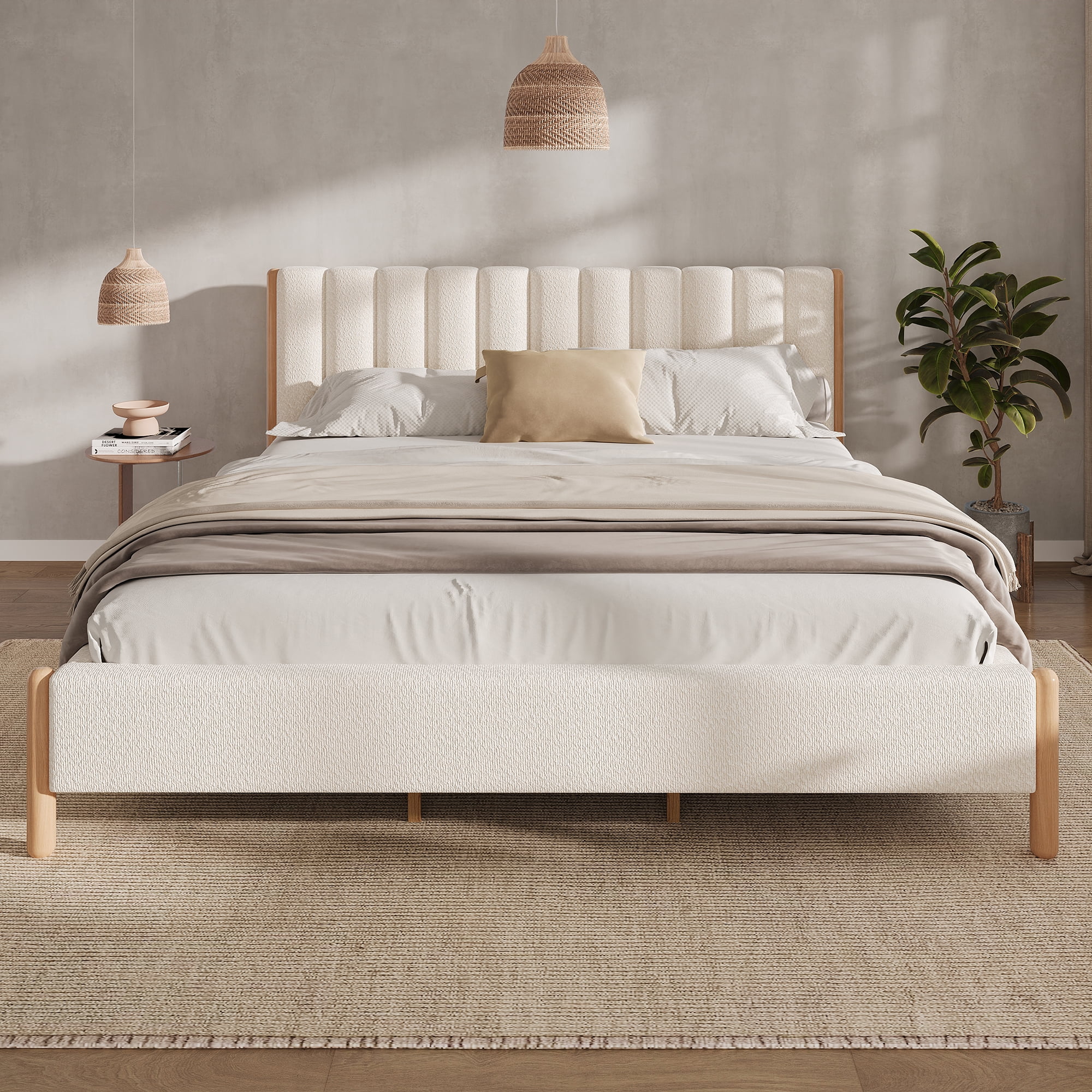 California King Size Bed Frame with Boucle Upholstered Thick Headboard & Solid Wood Legs, Platform Bed for Bedroom, White