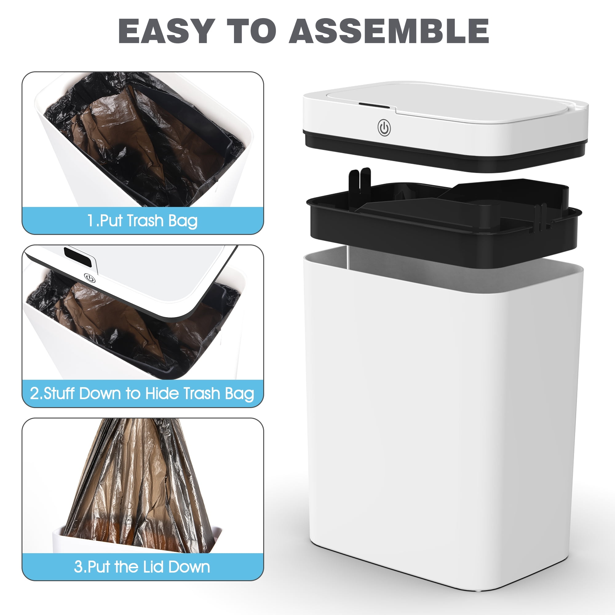 CshidWorld Automatic Bathroom Trash Can with Lid, 3.95 Gallon Touchless Trash Bin, Smart Plastic Slim Garbage Can Small White Wastebasket for Bedroom, Bathroom, Office, Living Room, Toilet, RV