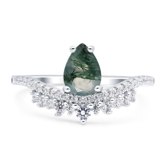 Natural Green Moss Agate Size-5 Art Deco Pear Teardrop Chevron Ring Cocktail Crown Style Cluster CZ Wedding Engagement Ring For Women 925 Sterling Silver