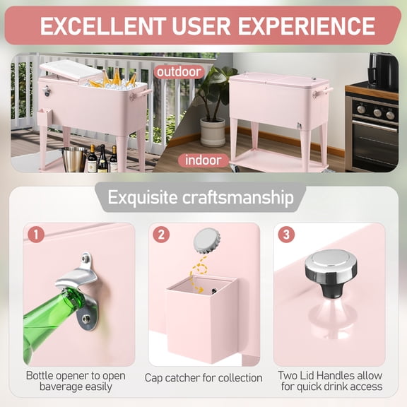 Pink 80QT Patio Rolling Cooler Cart with Insulation and Easy Mobility Design