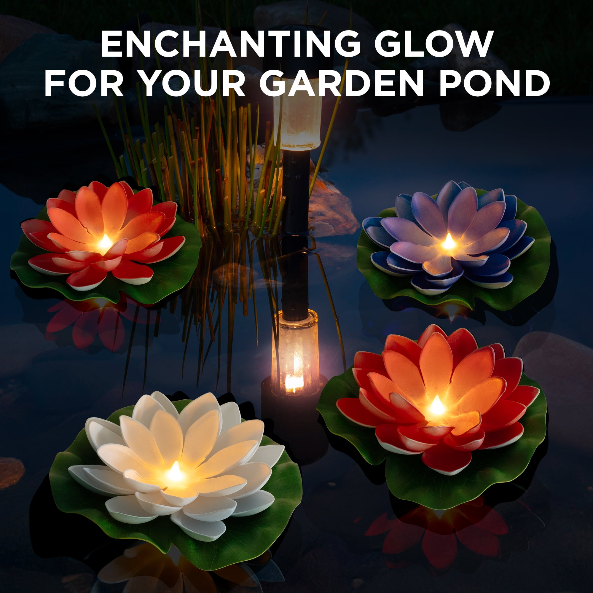 Merkury Innovations 4pk 7” Floating LED Lily pads for Ponds & Pools - Warm White Flickering Lights, Outdoor Decoration
